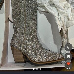 Buckle Silver Crystal Mid-Calf Block Heel Boots